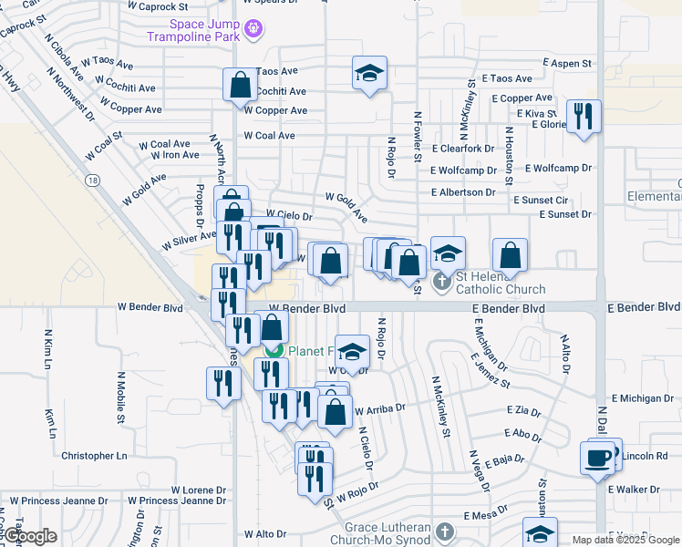 map of restaurants, bars, coffee shops, grocery stores, and more near 304 West Saint Anne Place in Hobbs