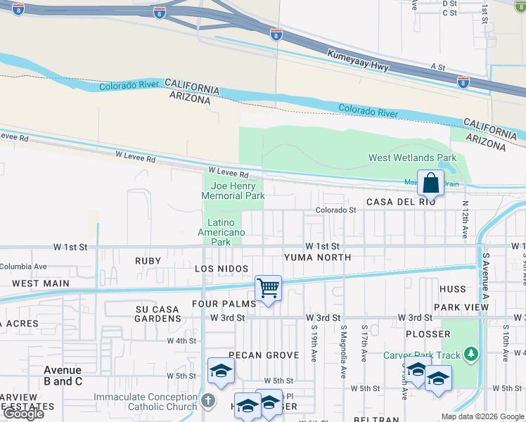 map of restaurants, bars, coffee shops, grocery stores, and more near 2199 Colorado Street in Yuma