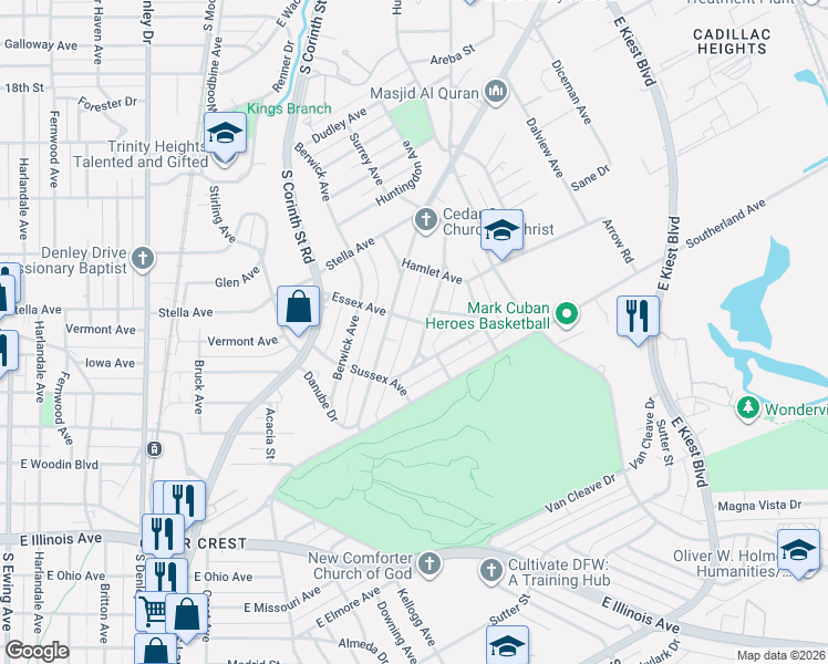 map of restaurants, bars, coffee shops, grocery stores, and more near 1953 Lanark Avenue in Dallas