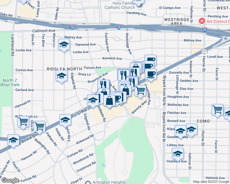 map of restaurants, bars, coffee shops, grocery stores, and more near 6350 Camp Bowie Boulevard in Fort Worth