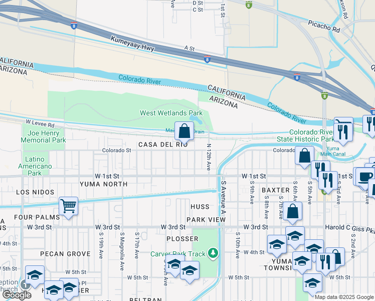 map of restaurants, bars, coffee shops, grocery stores, and more near 1349 Colorado Street in Yuma