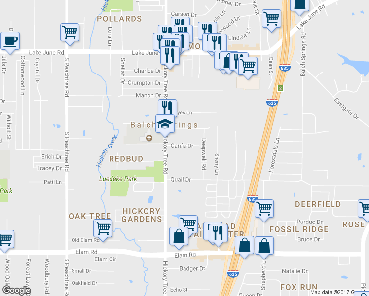 map of restaurants, bars, coffee shops, grocery stores, and more near 12000 Canfa Drive in Balch Springs