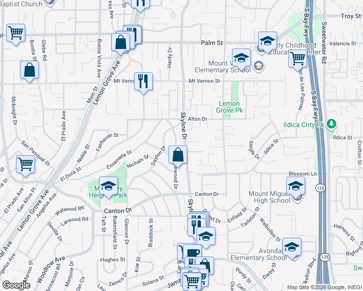 map of restaurants, bars, coffee shops, grocery stores, and more near 1940 Skyline Drive in Lemon Grove