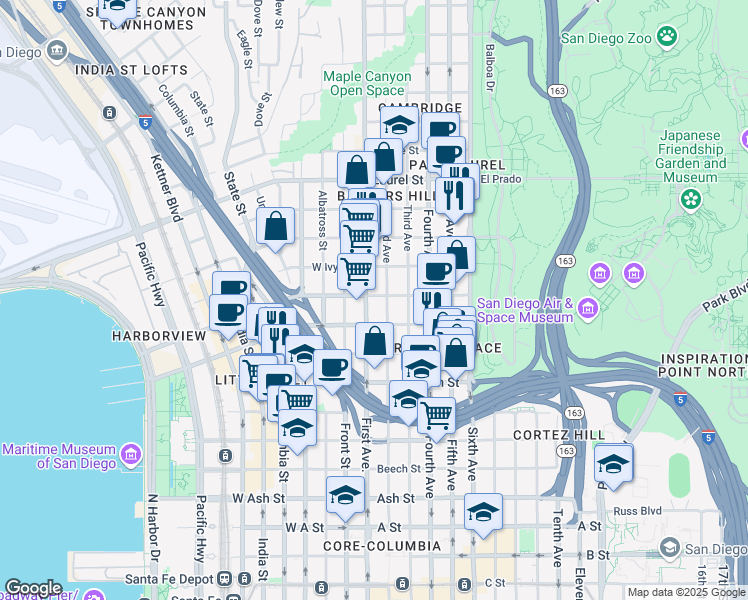 map of restaurants, bars, coffee shops, grocery stores, and more near 117 Hawthorn Street in San Diego