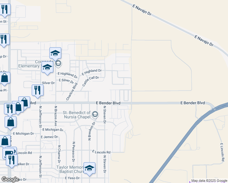map of restaurants, bars, coffee shops, grocery stores, and more near 2331 North Desert Willow Lane in Hobbs