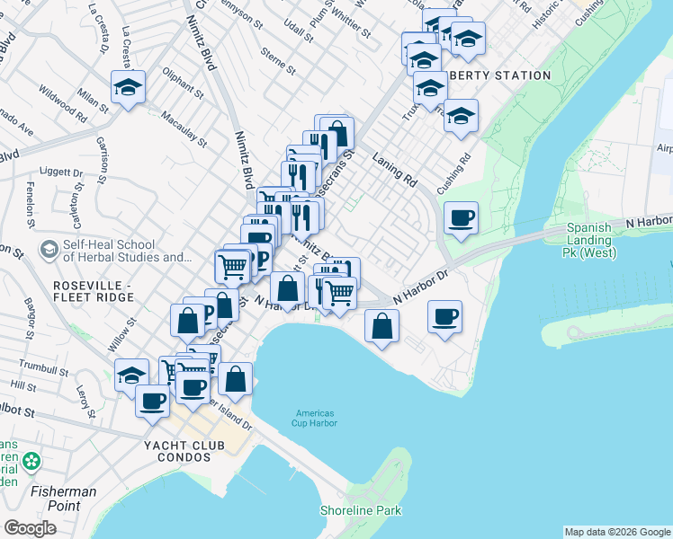 map of restaurants, bars, coffee shops, grocery stores, and more near 2777 Nimitz Boulevard in San Diego
