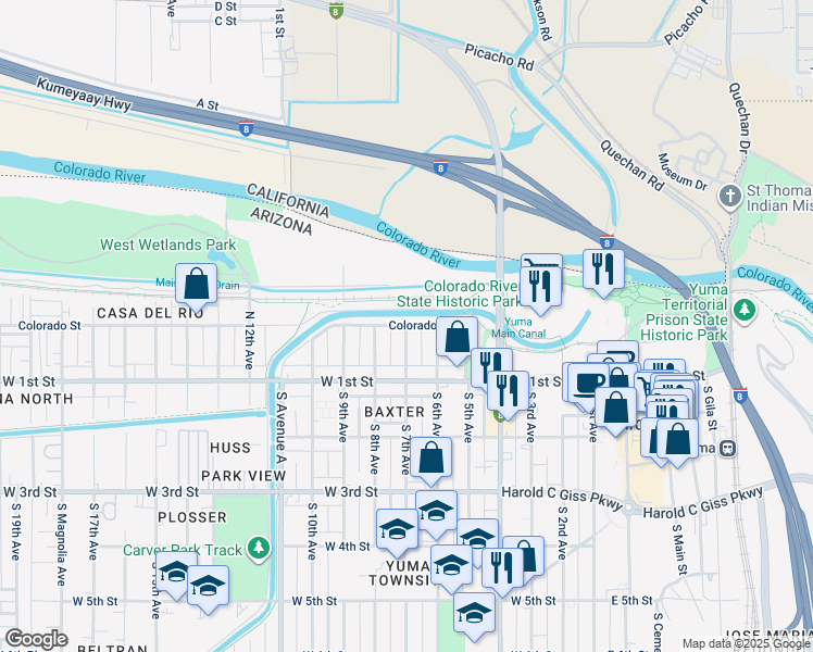 map of restaurants, bars, coffee shops, grocery stores, and more near 701 Colorado Street in Yuma