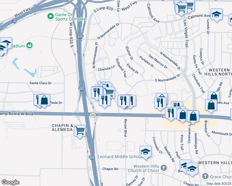 map of restaurants, bars, coffee shops, grocery stores, and more near 9101 Valley Hill Lane in Fort Worth