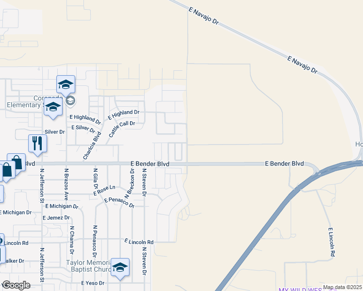 map of restaurants, bars, coffee shops, grocery stores, and more near 2326 North Mulberry Lane in Hobbs
