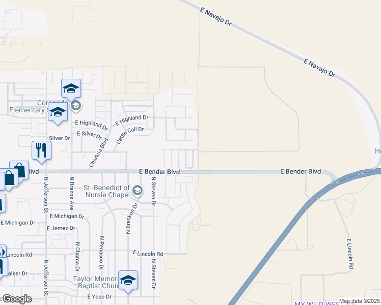map of restaurants, bars, coffee shops, grocery stores, and more near 2331 North Mulberry Lane in Hobbs