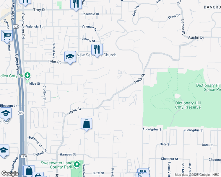 map of restaurants, bars, coffee shops, grocery stores, and more near 9168 Tokaj Lane in Spring Valley