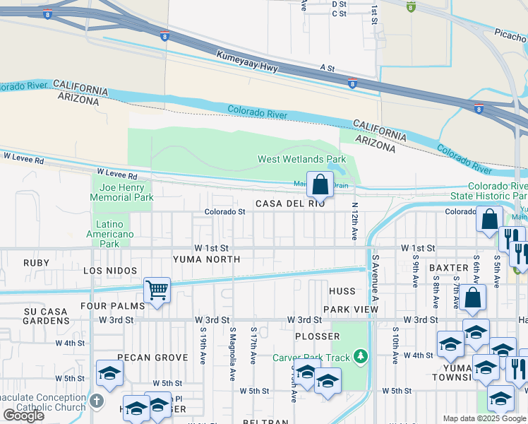 map of restaurants, bars, coffee shops, grocery stores, and more near 1651 Colorado Street in Yuma