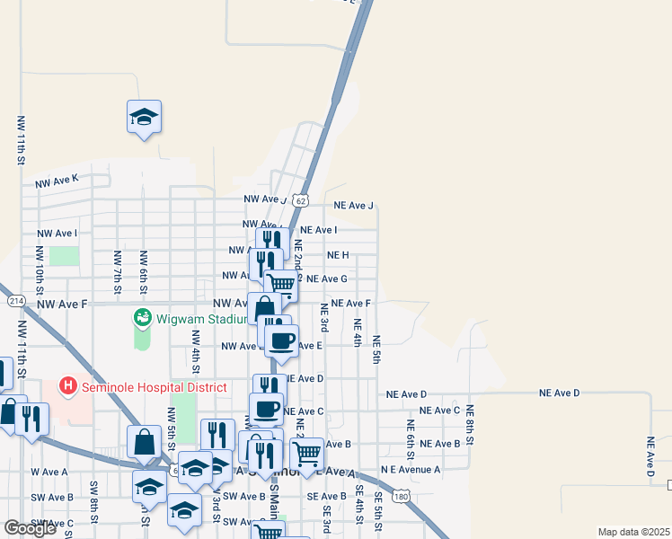map of restaurants, bars, coffee shops, grocery stores, and more near 307 Northeast Avenue G in Seminole