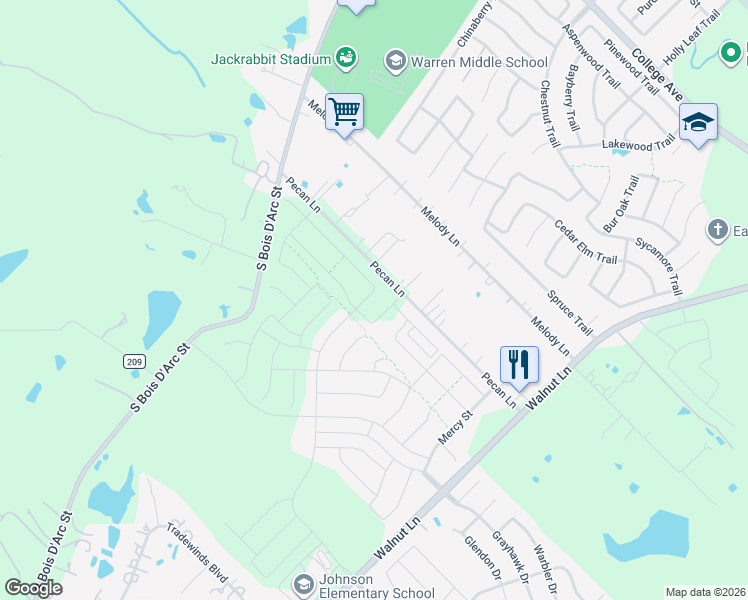 map of restaurants, bars, coffee shops, grocery stores, and more near 14401-14425 County Road 205 in Forney