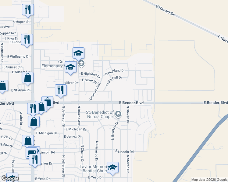 map of restaurants, bars, coffee shops, grocery stores, and more near 1699 Chuckwagon Dr in Hobbs