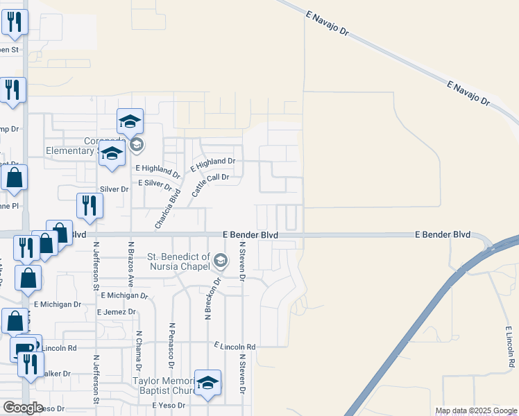 map of restaurants, bars, coffee shops, grocery stores, and more near 2330 North Mimosa Lane in Hobbs