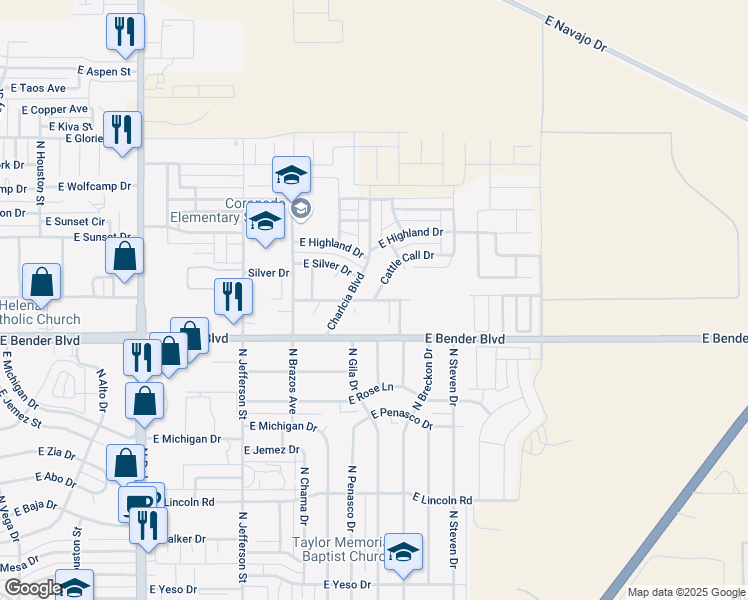 map of restaurants, bars, coffee shops, grocery stores, and more near 1600 East ChuckWagon Drive in Hobbs