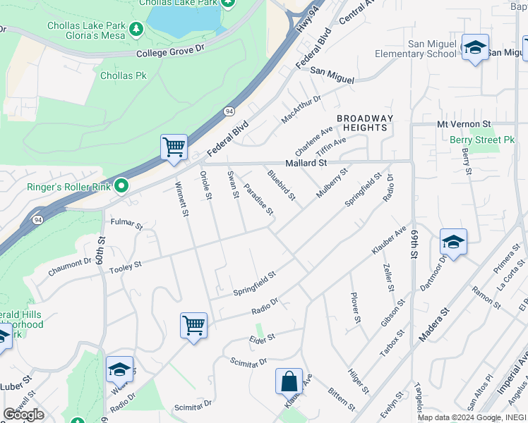 map of restaurants, bars, coffee shops, grocery stores, and more near 2044 Paradise Street in San Diego