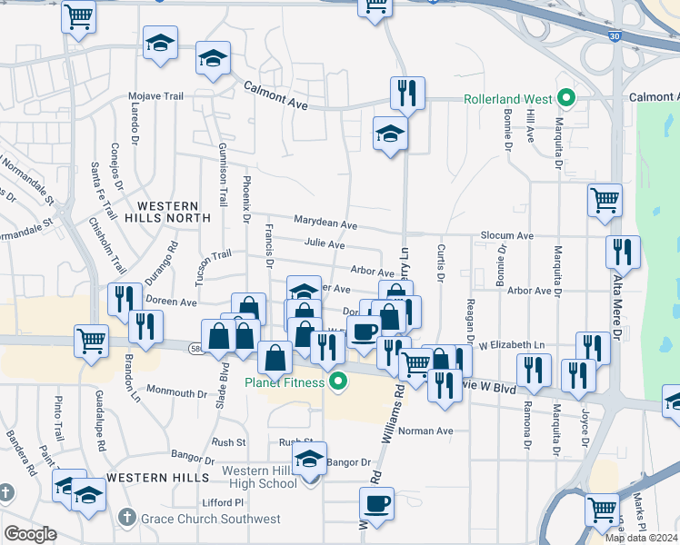 map of restaurants, bars, coffee shops, grocery stores, and more near 8035 Arbor Avenue in Fort Worth