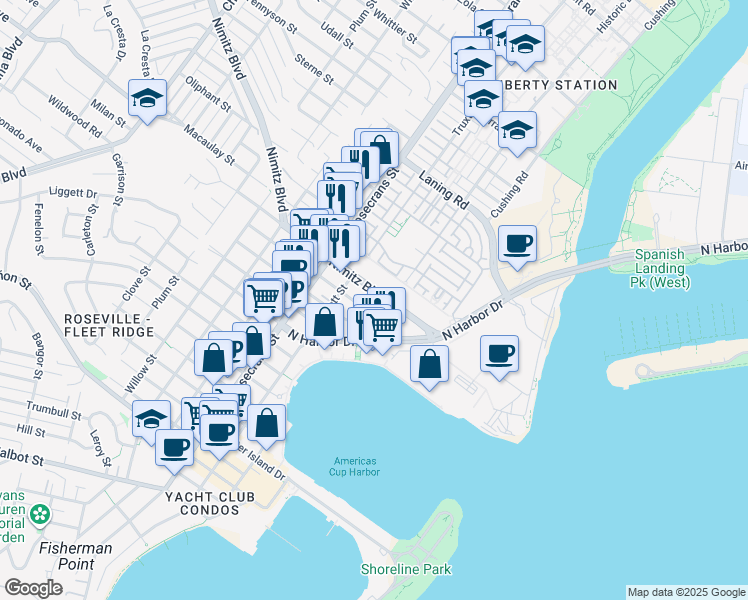 map of restaurants, bars, coffee shops, grocery stores, and more near 2777 Nimitz Boulevard in San Diego