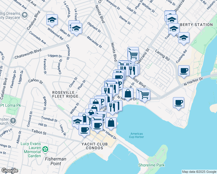 map of restaurants, bars, coffee shops, grocery stores, and more near 3106 Hugo Street in San Diego