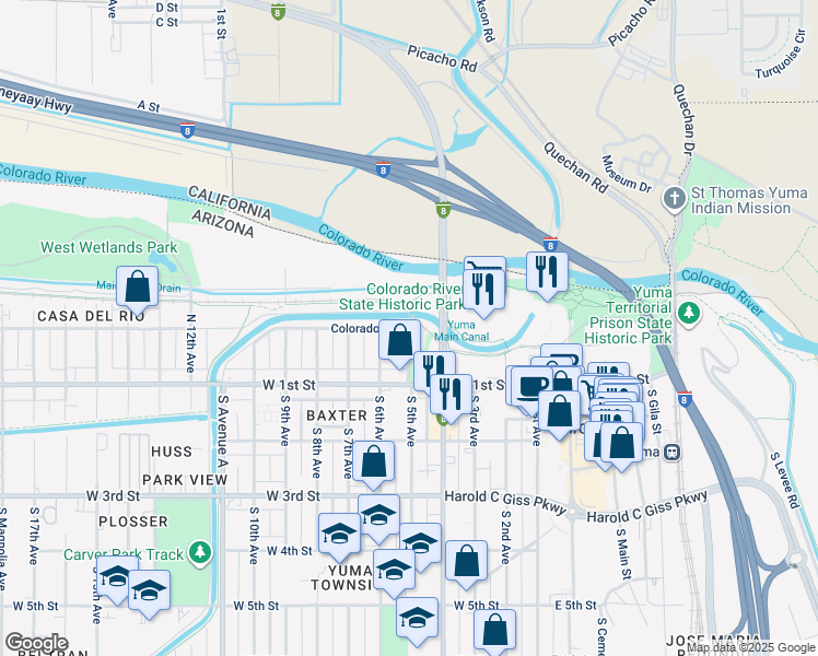map of restaurants, bars, coffee shops, grocery stores, and more near 299 North 5th Avenue in Yuma