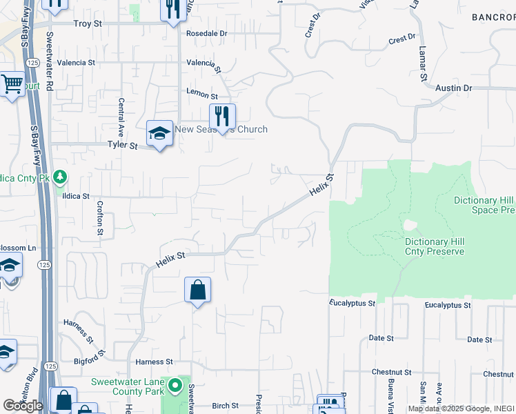 map of restaurants, bars, coffee shops, grocery stores, and more near 9180 Tokaj Lane in Spring Valley