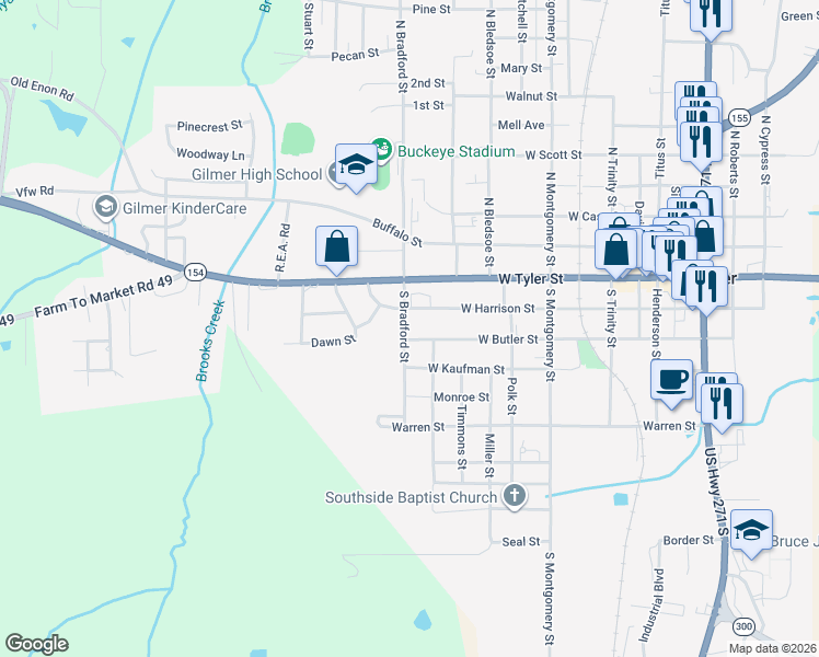 map of restaurants, bars, coffee shops, grocery stores, and more near 207 South Bradford Street in Gilmer