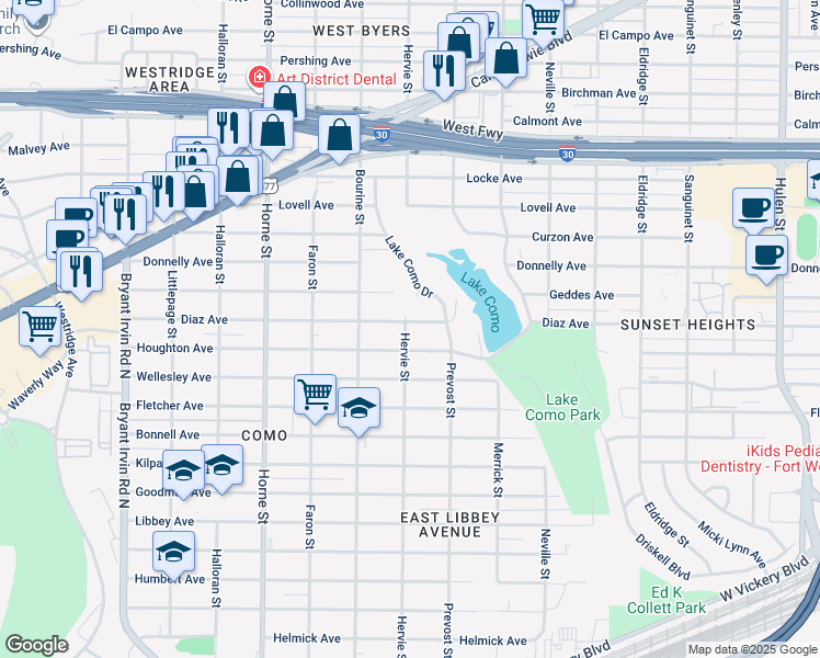 map of restaurants, bars, coffee shops, grocery stores, and more near 5335 Diaz Avenue in Fort Worth