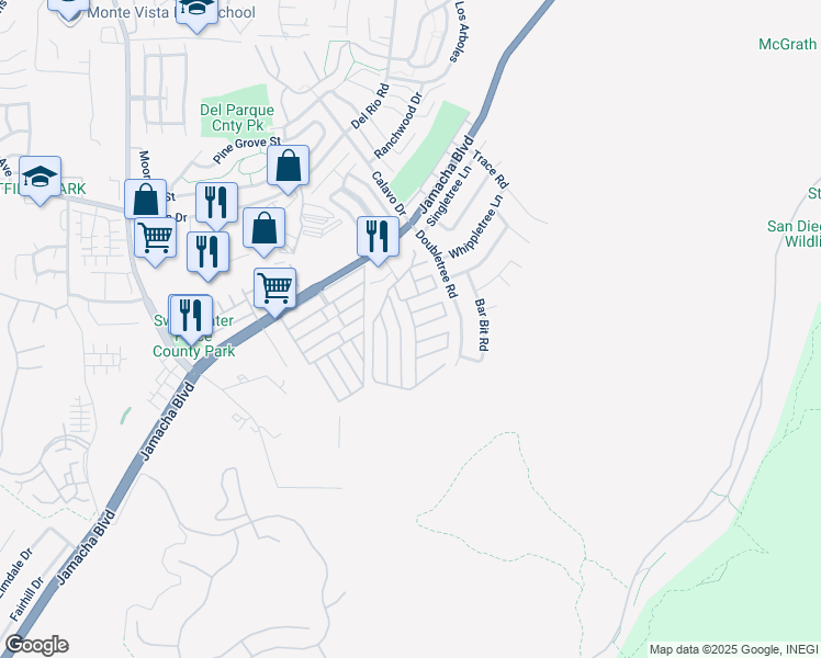 map of restaurants, bars, coffee shops, grocery stores, and more near 10767 Jamacha Boulevard in Spring Valley