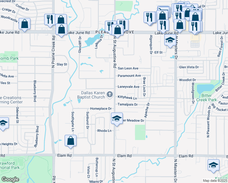map of restaurants, bars, coffee shops, grocery stores, and more near 9530 Laneyvale Avenue in Dallas