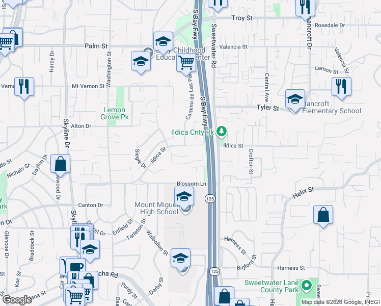 map of restaurants, bars, coffee shops, grocery stores, and more near 1942 Dain Drive in Lemon Grove