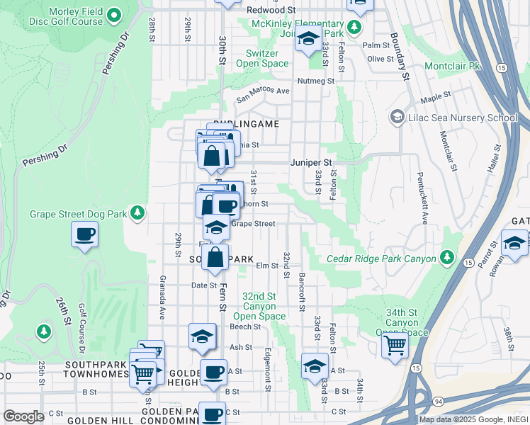 map of restaurants, bars, coffee shops, grocery stores, and more near in San Diego