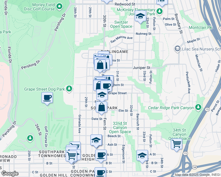 map of restaurants, bars, coffee shops, grocery stores, and more near 3030 Grape Street in San Diego