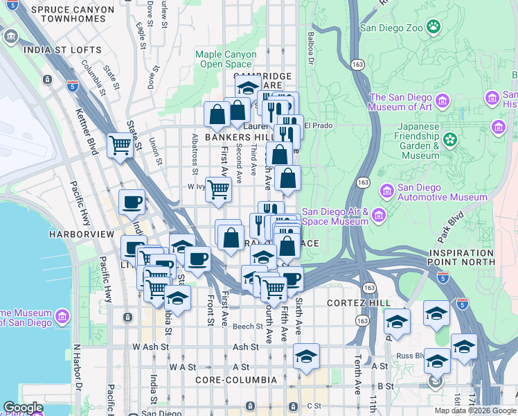 map of restaurants, bars, coffee shops, grocery stores, and more near 2072 Third Avenue in San Diego