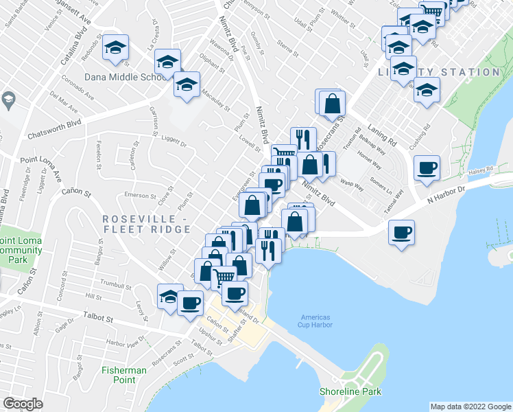 map of restaurants, bars, coffee shops, grocery stores, and more near 3015 Ingelow Street in San Diego