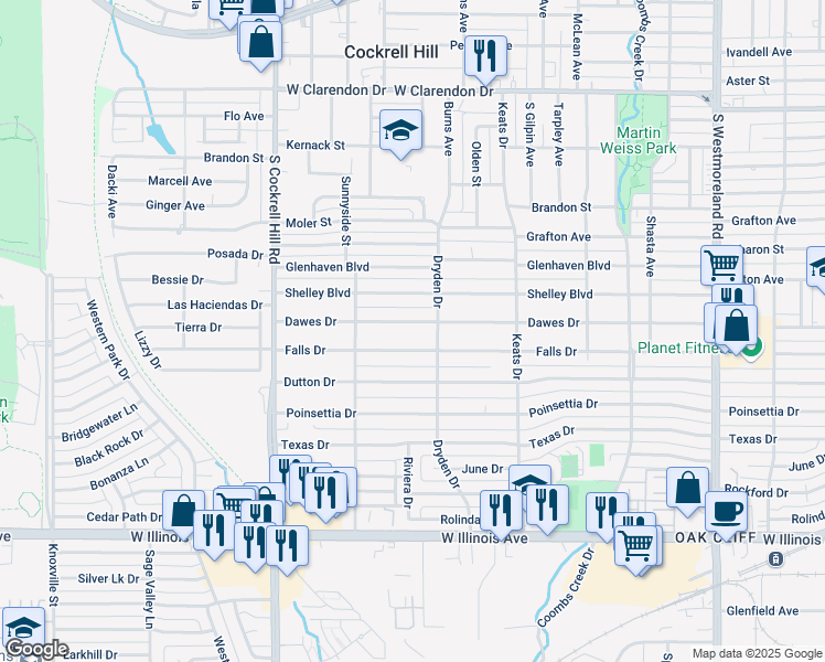 map of restaurants, bars, coffee shops, grocery stores, and more near 4030 Dawes Drive in Dallas