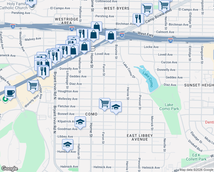 map of restaurants, bars, coffee shops, grocery stores, and more near 5527 Diaz Avenue in Fort Worth