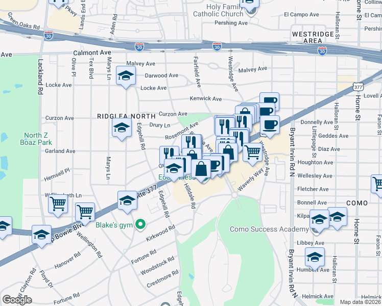 map of restaurants, bars, coffee shops, grocery stores, and more near 6371 Greenway Road in Fort Worth