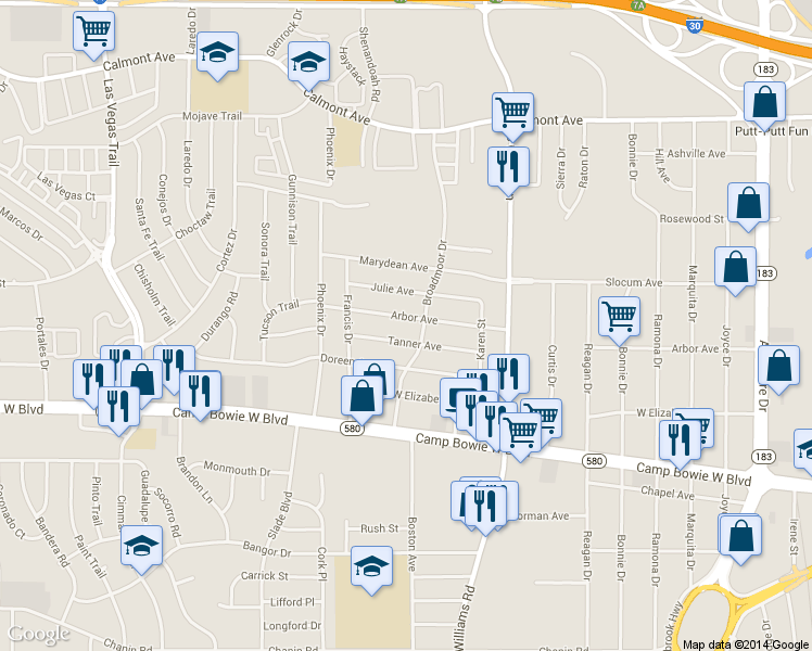 map of restaurants, bars, coffee shops, grocery stores, and more near 8114 Tanner Avenue in Fort Worth