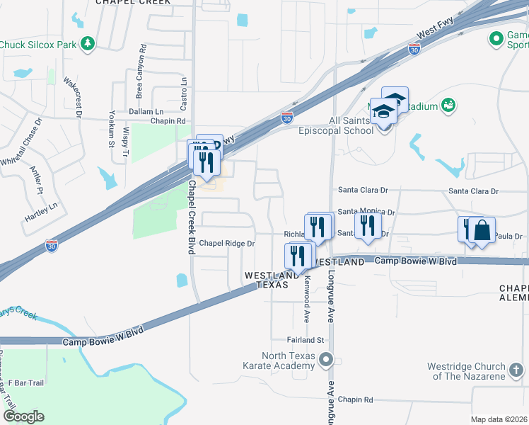 map of restaurants, bars, coffee shops, grocery stores, and more near 3220 Westland Avenue in Fort Worth