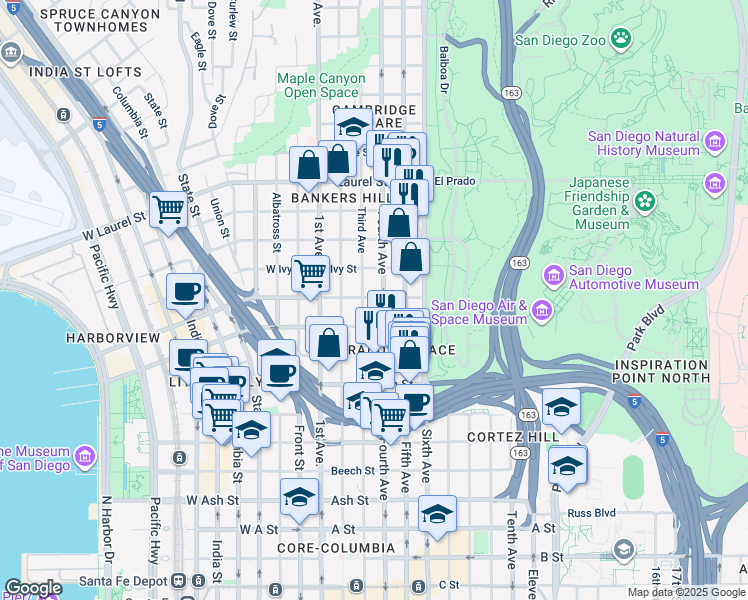 map of restaurants, bars, coffee shops, grocery stores, and more near 2055 Third Avenue in San Diego