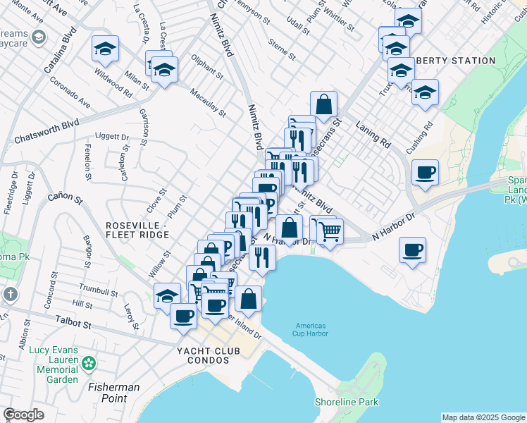 map of restaurants, bars, coffee shops, grocery stores, and more near 1552 Rosecrans Street in San Diego