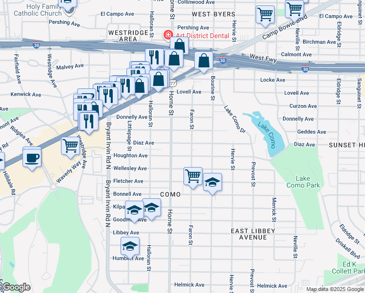 map of restaurants, bars, coffee shops, grocery stores, and more near 5617 Diaz Avenue in Fort Worth