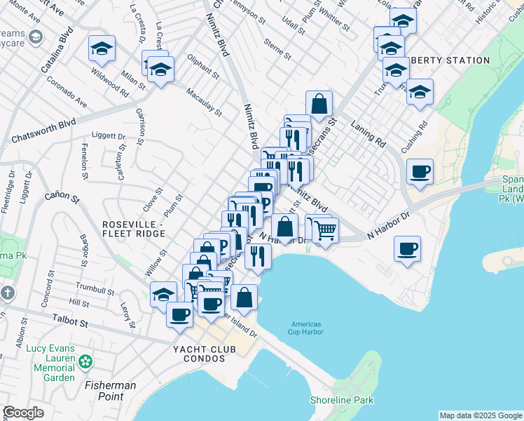 map of restaurants, bars, coffee shops, grocery stores, and more near 1552 Rosecrans Street in San Diego