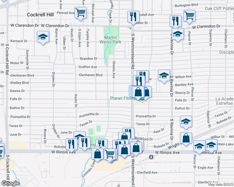 map of restaurants, bars, coffee shops, grocery stores, and more near 3338 Dawes Drive in Dallas
