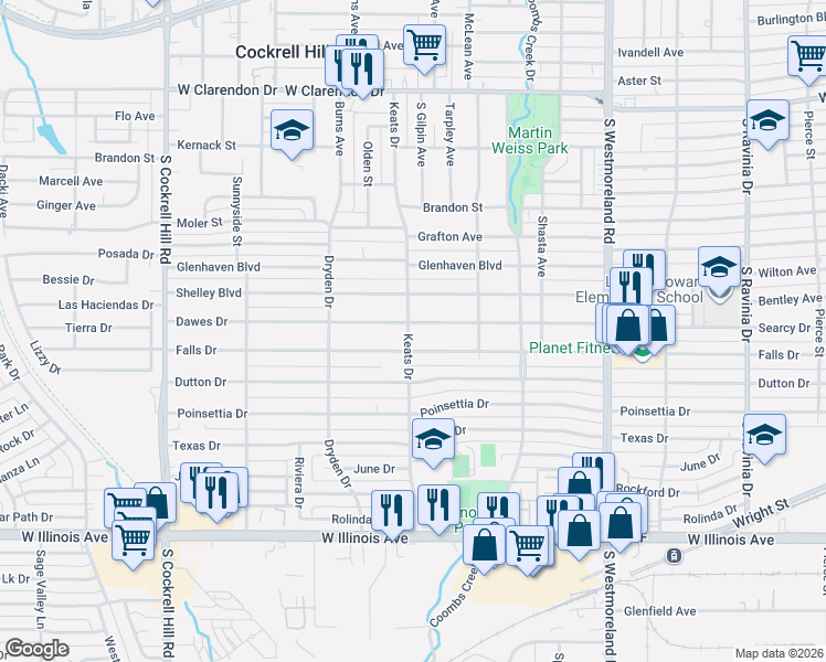 map of restaurants, bars, coffee shops, grocery stores, and more near 3730 Dawes Drive in Dallas