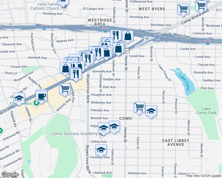 map of restaurants, bars, coffee shops, grocery stores, and more near 5801 Diaz Avenue in Fort Worth