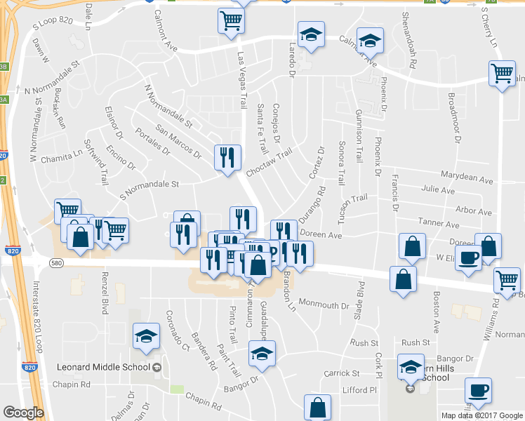 map of restaurants, bars, coffee shops, grocery stores, and more near 3213 Las Vegas Trail in Fort Worth