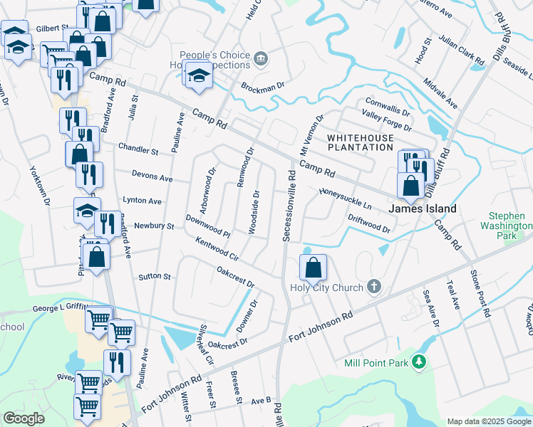 map of restaurants, bars, coffee shops, grocery stores, and more near 1073 Kentwood Circle in Charleston